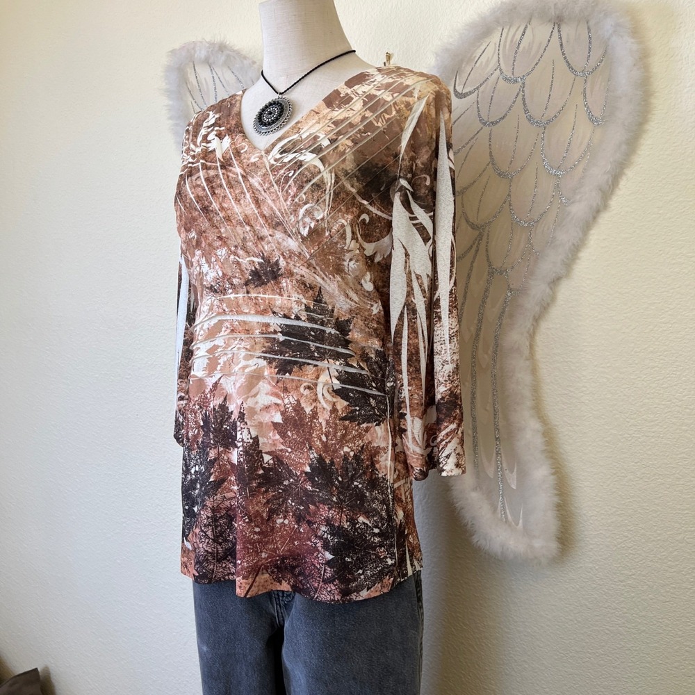Indie Fairy Grunge Brown Leaf Print Long Sleeve V Neck Top Forestcore Babydoll - Picture 3 of 8
